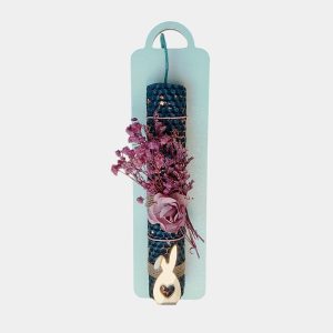 Λαμπάδα μελισσοκέρι μπλε, με φύλλο χρυσού, αποξηραμένα λουλούδια και διακοσμητικό από χρυσό καθρέφτη