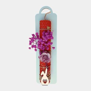 Λαμπάδα μελισσοκέρι πορτοκαλί, με φύλλο χρυσού, αποξηραμένα λουλούδια και διακοσμητικό από χρυσό καθρέφτη