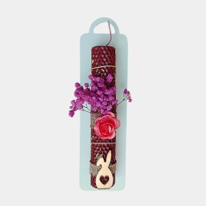 Λαμπάδα μελισσοκέρι βουργουνδί, με φύλλο χρυσού, αποξηραμένα λουλούδια και διακοσμητικό από χρυσό καθρέφτη